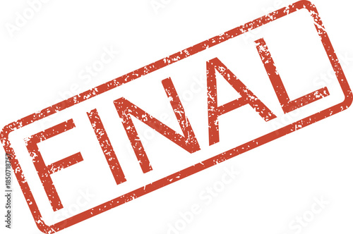 Grungy red rectangular rubber stamp impression featuring the word FINAL on a bright white sheet