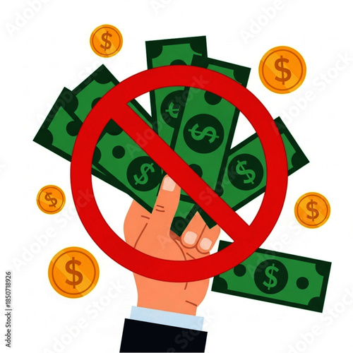 Hand Holding Green Money with Red Prohibition Sign, Financial Restriction Concept.