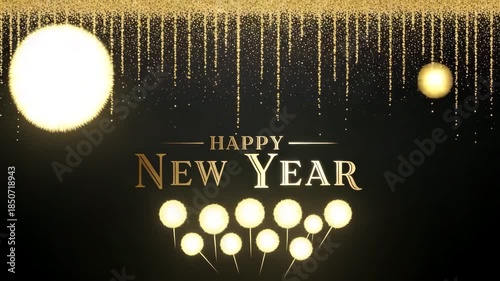 Happy new year celebration with gold balloons and confetti on black background