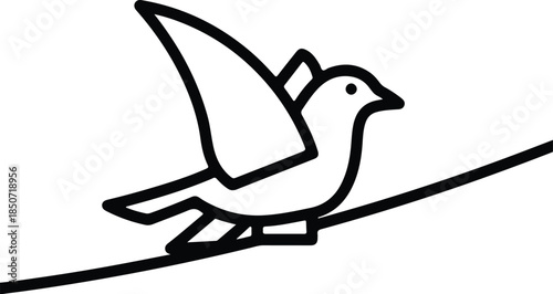 Silhouette minimalist line art bird perched on a wire Vector Illustration