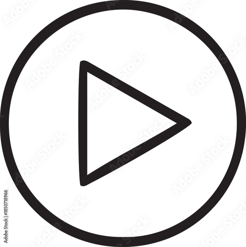 Minimalist black outline play button icon in a circle, representing media start, video playback, and audio stream initiation for digital user interfaces and modern web applications