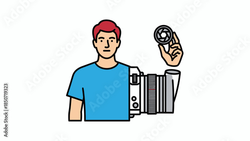 Cartoon man holding camera with telephoto lens, illustrating photography hobby and equipment setup.