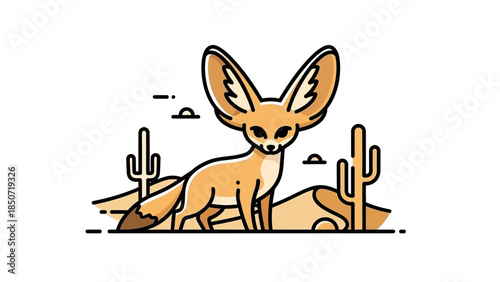 Cartoon fennec fox standing in a desert landscape with cactus.