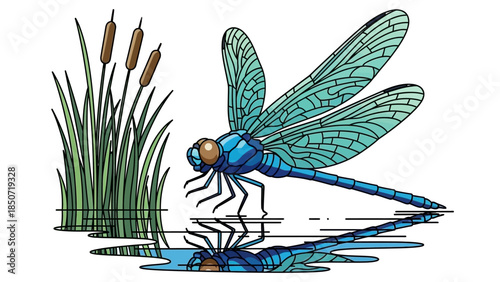 Blue and green dragonfly perched beside a pond among tall reeds with reflections.