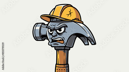 Angry cartoon hammer character peeking from behind a wooden handle.