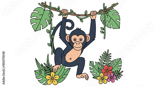 Playful cartoon monkey swinging from a vine among tropical leaves and flowers.