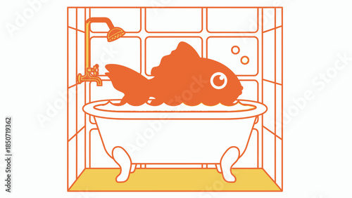 Whimsical orange cartoon creature relaxing in a bathtub behind a grid window.
