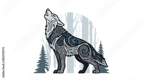 Howling wolf with tribal patterns standing among pine trees in a stylized forest scene.