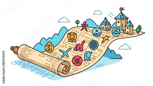 Whimsical Travel Map Illustration with Parchment Scroll Showing Landmarks, Planes and Adventure Icons.