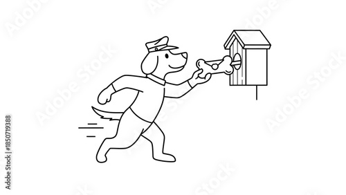 Cartoon Outline of a Postman Delivering Mail to a Mailbox at the Street.