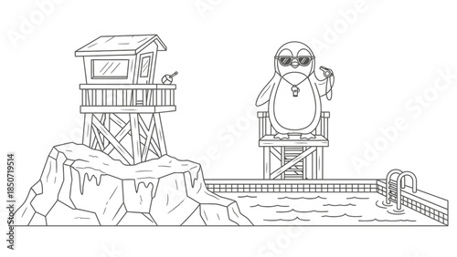 Line drawing of a lighthouse on a rocky shore with a wooden pier and a solitary figure.