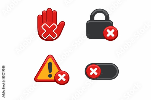 Prohibition warning symbols with red crosses on white background