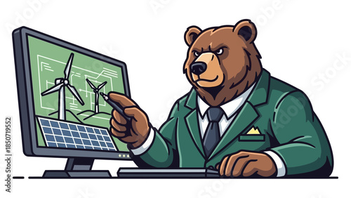 Cartoon Bear in Suit Presenting Wind Energy Concept on Laptop Screen.