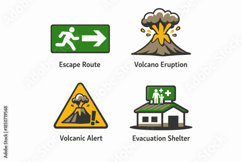 Volcanic eruption warning signs and emergency response icons