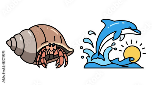 Playful illustration featuring a hermit crab inside a shell beside a jumping dolphin under the sun.
