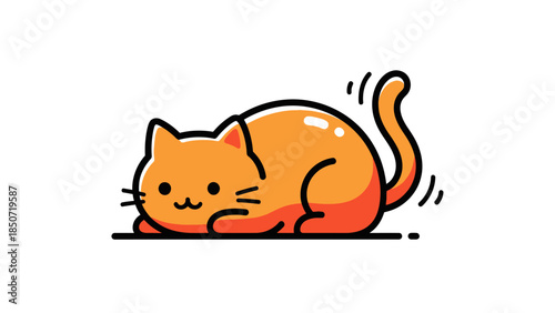 Playful orange cat resting curled up on white background in a cute cartoon style.