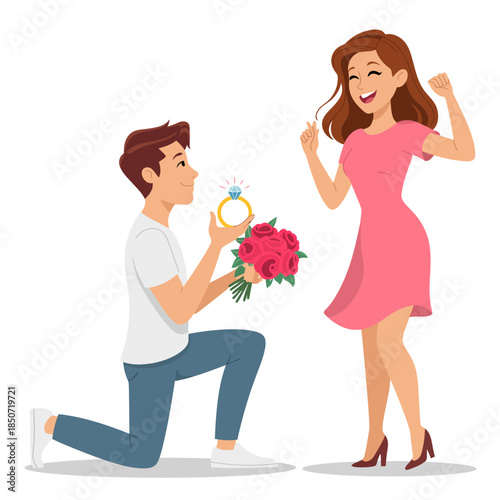 A romantic moment captured as a man kneels in front of a woman, presenting a beautiful engagement ring and flowers, signaling a heartfelt marriage proposal.