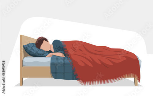 This image depicts a serene moment of a person sleeping on a bed wrapped in a cozy blanket, portraying relaxation and the importance of restful sleep for mental health.