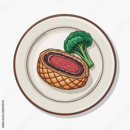 The image features a sumptuous meat dish artistically plated alongside fresh broccoli, capturing the essence of culinary art and appetizing presentation.