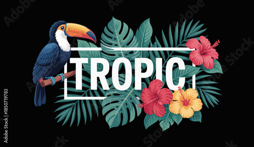 This vibrant illustration highlights a colorful toucan amidst tropical leaves and flowers, embodying the beauty of nature, adventure, and the allure of paradise.
