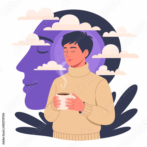 A serene illustration of a man calmly holding a cup while surrounded by clouds, representing mindfulness and tranquility in a contemporary artistic style.