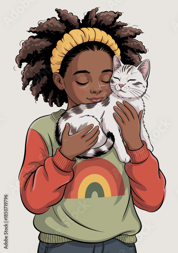 A heartwarming illustration of a girl hugging a cat, radiating love and companionship, capturing the bond between pets and their owners in a cozy, inviting atmosphere.