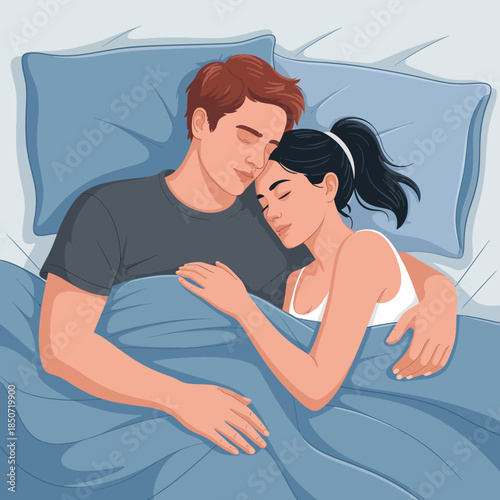 This heartwarming image features a couple peacefully sleeping together, showcasing intimacy and comfort under soft blue bedding, embodying love and warmth in a serene setting.