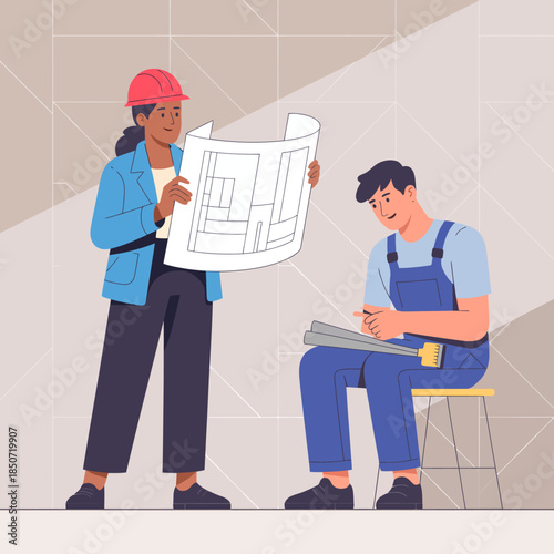 Two architects in a workspace review construction blueprints, representing teamwork, creativity, and modern design processes essential in the architecture and construction industries.