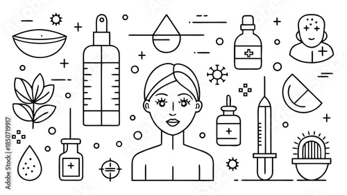 A set of skin care icons, including bottles, creams, and tools, representing various skin care products and routines..eps