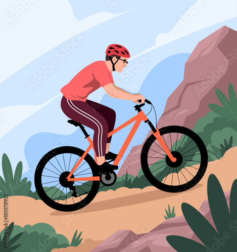 A cyclist is seen navigating challenging terrain with determination and skill, embodying the spirit of adventure and the love for outdoor activities in nature.