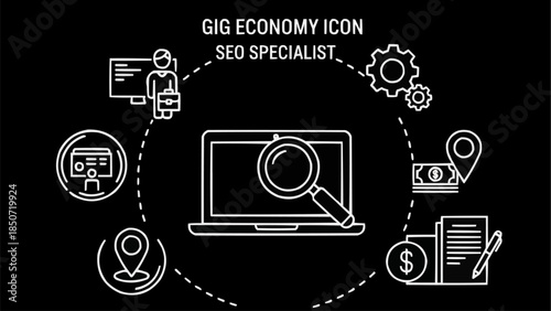 Gig Economy SEO Specialist Icon Set Laptop Magnifying Glass and Business Icons.