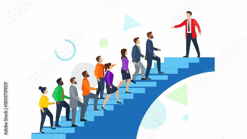 Team climbing stairs towards leader success concept.