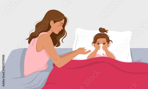 A compassionate mother lovingly comforting her sick daughter who is lying in bed, depicting warmth, care, and the nurturing bond between parent and child during illness.
