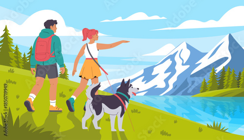 A young couple enjoying a hike with their dog by a scenic mountain lake, highlighting the beauty of nature and the joy of outdoor activities and companionship.