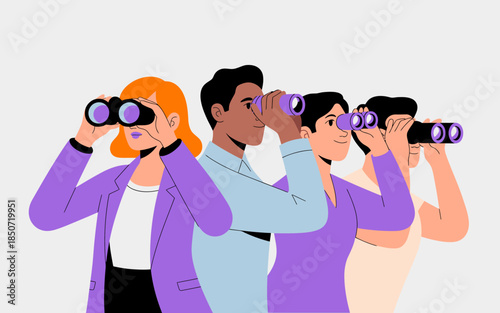 A group of four diverse individuals, each using binoculars, eagerly observing the distant view, highlighting curiosity, exploration, and sociability in a fun outdoor setting.