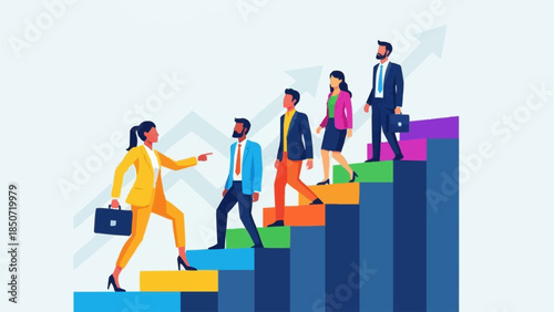 Diverse group of professionals climbing stairs representing career growth and success.