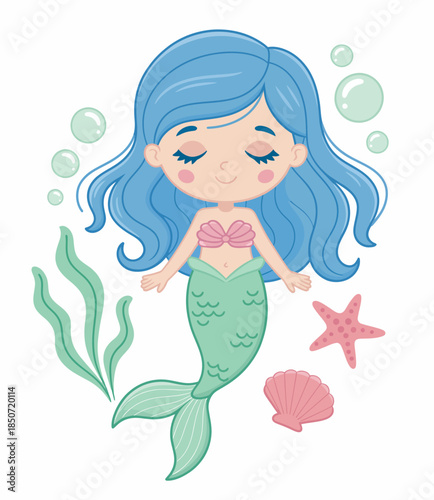 This whimsical image features a cheerful mermaid with vibrant blue hair, surrounded by bubbles, seaweed, and starfish, capturing the essence of playful ocean artistry.