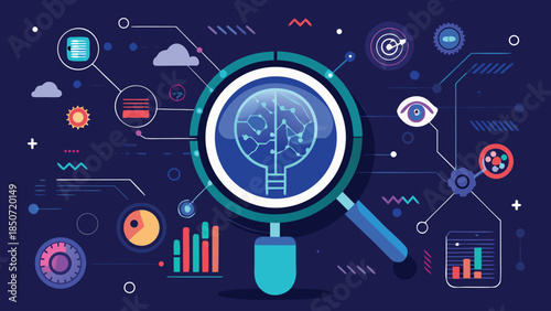 Magnifying glass over a brain icon, surrounded by various smaller icons representing knowledge and learning..eps