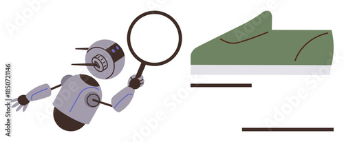 Robot holding a magnifying glass examines a green shoe, representing analysis, AI, research, quality control. Ideal for technology, innovation, e-commerce, robotics artificial intelligence
