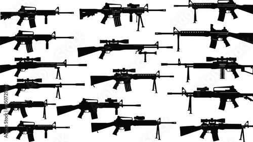 Assault rifle silhouette collection, military weapon illustrations, tactical firearm set with scopes and bipods, combat gun graphic bundle for design use