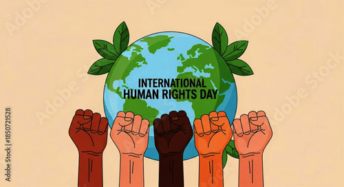 International Human Rights Day: Diverse Hands Raised Before Earth Globe with Leaves