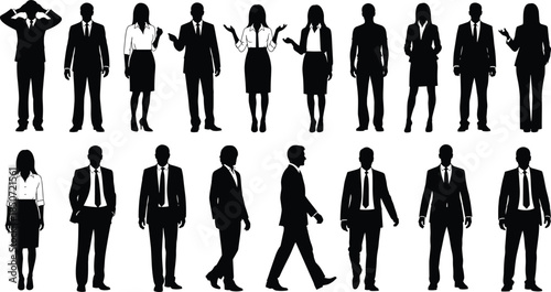 Business people silhouette collection, corporate professionals poses, office workers illustration set, formal suit figures, business teamwork graphic bundle