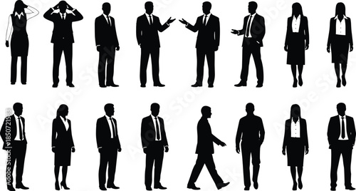 Business people silhouette set, corporate professionals standing and walking poses, office workers illustration collection, formal suit business figure bundle