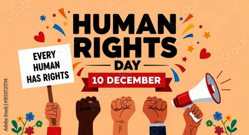 Diverse Raised Fists and Sign Celebrating Human Rights Day with Megaphone