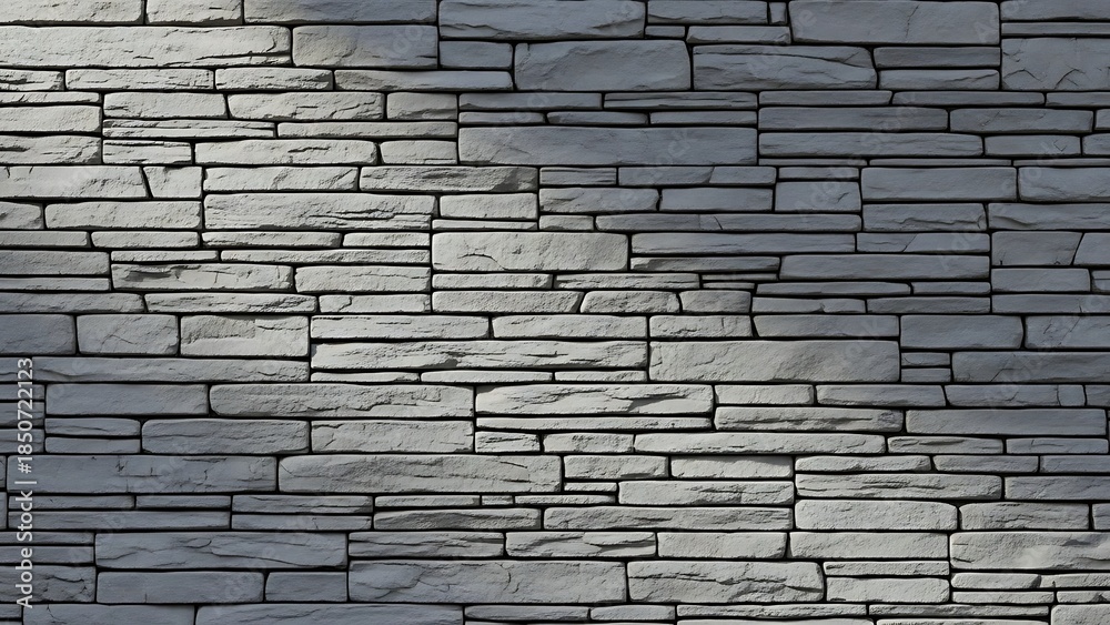 Obraz premium Close-up of a gray stone wall with a white background and a shallow depth of field, showcasing stacked slate tiles.