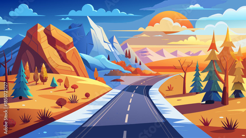 Conceptual scene of a roadway dividing warm summer landscapes from cold winter terrain, illustrating the passage of seasons through dramatic visual contrast and natural transformation