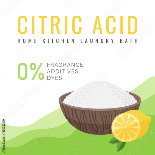 Citric acid packaging template. Modern minimalistic style. Natural versatile remedy for home use. Bright, natural colors, sample typography. Image of lemon, bowl white crystalline powder citric acid.