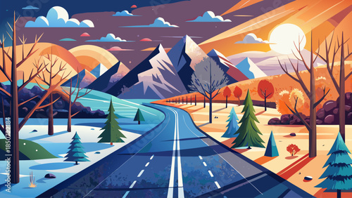 Creative landscape illustration of a road showing a clear transition from green summer scenery to snowy winter surroundings, symbolizing seasonal change with contrasting colors and environments