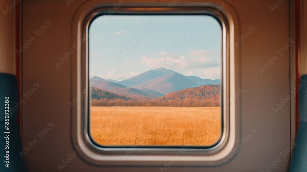 Fototapeta premium A scenic view through a train window showcasing mountains, rolling hills, and golden fields under a clear sky.