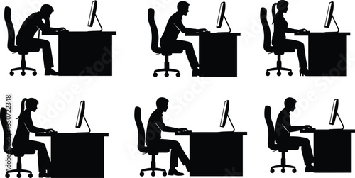 Office computer working silhouette collection, desk job posture set, men and women typing illustration, workplace sitting positions, corporate workstation graphic bundle